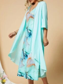 Women's Two Piece Dress Set Casual Dress Chiffon Dress Outdoor Daily Fashion Casual Print Midi Dress V Neck Half Sleeve Floral Ombre Regular Fit Royal Blue Green Summer Spring S M L XL XXL -HAYz Clothing Shop xzibyv1683626205450