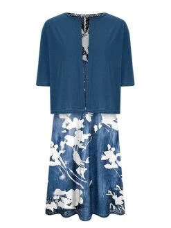 Women's Two Piece Dress Set Casual Dress Shift Dress Daily Going Out Fashion Casual Pocket Print Midi Dress V Neck 3/4 Length Sleeve Floral Loose Fit Navy Blue Royal Blue Dark Green Summer Spring S M -HAYz Clothing Shop xzkymz1687327201119