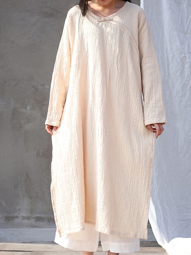 Women's Casual Dress Cotton Linen Dress Loose Dress Maxi Long Dress Linen / Cotton Blend Daily Stylish Outdoor Daily Vacation Crew Neck Split Long Sleeve Spring Fall Winter 2023 Loose Fit Black White 4 Women's Casual Dress Cotton Linen Dress Loose Dress Maxi Long Dress Linen / Cotton Blend Daily Stylish Outdoor Daily Vacation Crew Neck Split Long Sleeve Spring Fall Winter 2023 Loose Fit Black White - Image 4