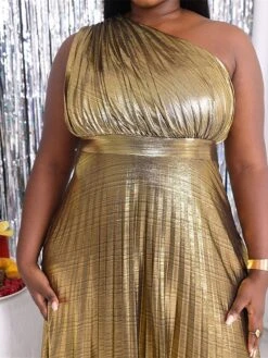 Women's Plus Size Curve Party Dress Swing Dress Evening Gown Plain Long Dress Maxi Dress Sleeveless Pleated Backless One Shoulder Fashion Party Gold Spring Fall XL XXL 3XL 4XL -HAYz Clothing Shop xzmetb1694151485045