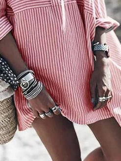 Women's Shirt Dress Casual Dress Mini Dress Outdoor Daily Vacation Polyester Fashion Modern Shirt Collar Button Pocket 3/4 Length Sleeve Spring Fall Winter 2023 Loose Fit Red Blue Striped S M L XL XXL -HAYz Clothing Shop xzvncr1691648672835