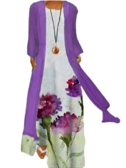 Women's Two Piece Dress Set Casual Dress Shift Dress Daily Going Out Casual Pocket Print Maxi Dress Crew Neck 3/4 Length Sleeve Floral Loose Fit Light Green Pink Blue Summer Spring M L XL XXL XXXL -HAYz Clothing Shop yadnqc1672828063811