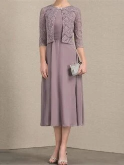 Women's Two Piece Dress Set Party Dress Lace Dress Party Outdoor Fashion Streetwear Lace Patchwork Midi Dress Crew Neck 3/4 Length Sleeve Plain Regular Fit Purple Fall Winter S M L XL XXL