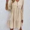Women's Casual Dress Cotton Linen Dress Mini Dress Linen / Cotton Blend Basic Classic Outdoor Daily Vacation Split Neck Ruffle Button Long Sleeve Fall Winter Autumn 2023 Loose Fit Apricot Plain S M L