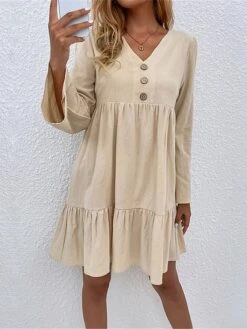 Women's Casual Dress Cotton Linen Dress Mini Dress Linen / Cotton Blend Basic Classic Outdoor Daily Vacation Split Neck Ruffle Button Long Sleeve Fall Winter Autumn 2023 Loose Fit Apricot Plain S M L