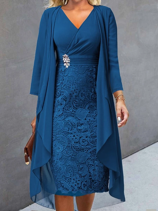 Women's Two Piece Dress Set Casual Dress Lace Dress Outdoor Daily Fashion Elegant Lace Patchwork Midi Dress V Neck Long Sleeve Plain Regular Fit Wine Blue Sky Blue Fall Winter S M L XL XXL 4 Women's Two Piece Dress Set Casual Dress Lace Dress Outdoor Daily Fashion Elegant Lace Patchwork Midi Dress V Neck Long Sleeve Plain Regular Fit Wine Blue Sky Blue Fall Winter S M L XL XXL - Image 4