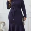 Women's Plus Size Party Dress Wedding Guest Dress Sheath Dress Midi Dress Dark Blue Long Sleeve Pure Color Ruffle Spring Fall Winter Crew Neck Fashion Winter Dress Office Evening Party 2023 XL XXL