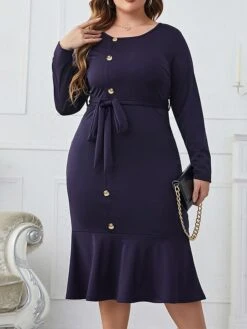Women's Plus Size Party Dress Wedding Guest Dress Sheath Dress Midi Dress Dark Blue Long Sleeve Pure Color Ruffle Spring Fall Winter Crew Neck Fashion Winter Dress Office Evening Party 2023 XL XXL