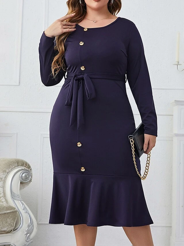 Women's Plus Size Party Dress Wedding Guest Dress Sheath Dress Midi Dress Dark Blue Long Sleeve Pure Color Ruffle Spring Fall Winter Crew Neck Fashion Winter Dress Office Evening Party 2023 XL XXL 1 Women's Plus Size Party Dress Wedding Guest Dress Sheath Dress Midi Dress Dark Blue Long Sleeve Pure Color Ruffle Spring Fall Winter Crew Neck Fashion Winter Dress Office Evening Party 2023 XL XXL