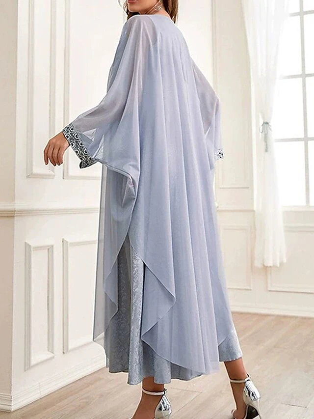 Women's Two Piece Dress Set Party Dress Sheath Dress Party Wedding Guest Fashion Party Embroidered Long Dress Maxi Dress Crew Neck Long Sleeve Print Regular Fit Gray Fall Winter S M L XL 3 Women's Two Piece Dress Set Party Dress Sheath Dress Party Wedding Guest Fashion Party Embroidered Long Dress Maxi Dress Crew Neck Long Sleeve Print Regular Fit Gray Fall Winter S M L XL - Image 3