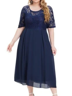Women's Plus Size Curve Party Dress Lace Dress Sheath Dress Solid Color Midi Dress Short Sleeve Lace Patchwork Crew Neck Fashion Wedding Dark Blue Spring Fall XL XXL 3XL 4XL 5XL -HAYz Clothing Shop ybfqaa1693533320755