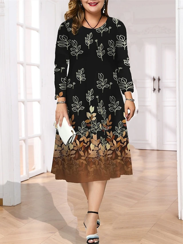 Women's Plus Size Curve Casual Dress Skater Dress A Line Dress Leaf Gradient Midi Dress Long Sleeve Print Crew Neck Fashion Outdoor Deep Purple Deep Green Fall Winter L XL XXL 3XL 4XL 1 Women's Plus Size Curve Casual Dress Skater Dress A Line Dress Leaf Gradient Midi Dress Long Sleeve Print Crew Neck Fashion Outdoor Deep Purple Deep Green Fall Winter L XL XXL 3XL 4XL