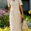Women's Casual Dress Cotton Linen Dress Midi Dress Cotton Blend Fashion Modern Outdoor Office Daily V Neck Button Short Sleeve Summer Spring 2023 Loose Fit Khaki Plain S M L XL 2XL