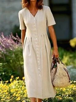 Women's Casual Dress Cotton Linen Dress Midi Dress Cotton Blend Fashion Modern Outdoor Office Daily V Neck Button Short Sleeve Summer Spring 2023 Loose Fit Khaki Plain S M L XL 2XL