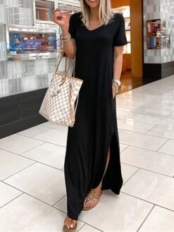 Women's Casual Dress T Shirt Dress Tee Dress Black Dress Long Dress Maxi Dress Cotton Basic Casual Outdoor Daily Going Out V Neck Pocket Split Short Sleeve Summer Spring 2023 Regular Fit Black Wine