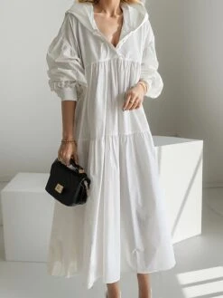 Women's Casual Dress Cotton Linen Dress Swing Dress Maxi Long Dress Linen / Cotton Blend Fashion Basic Outdoor Daily Vacation Hooded Ruched Pocket Long Sleeve Fall Winter Autumn 2023 Loose Fit Black