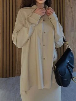 Women's Two Piece Dress Set Casual Dress Skirt Set Outdoor Daily Fashion Streetwear Button Pocket Long Dress Maxi Dress Shirt Collar Long Sleeve Plain Loose Fit Brown Green Beige Fall Winter S M L XL -HAYz Clothing Shop ybxsxb1693534950389