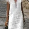 Women's Cotton Linen Dress Casual Dress Shift Dress Midi Dress Cotton Fashion Modern Outdoor Daily Vacation V Neck Cut Out Short Sleeve Summer Spring 2023 Regular Fit White Blue Green Plain S M L XL