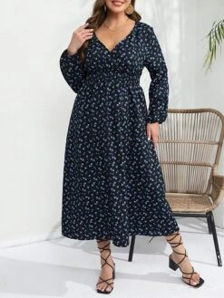 Women's Plus Size Curve Party Dress Wedding Guest Dress Swing Dress Midi Dress Dark Blue Long Sleeve Floral Print Spring Fall Winter V Neck Fashion Winter Dress Birthday Wedding Guest XL XXL 3XL 4XL -HAYz Clothing Shop ycekyg1692171336640