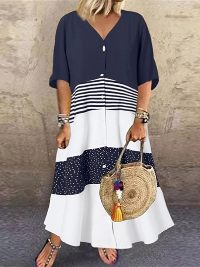 Women‘s Curve Plus Size Curve A Line Dress Striped V Neck Print Half Sleeve Spring Summer Casual Maxi Long Dress Casual Daily Dress 3 Women‘s Curve Plus Size Curve A Line Dress Striped V Neck Print Half Sleeve Spring Summer Casual Maxi Long Dress Casual Daily Dress - Image 3
