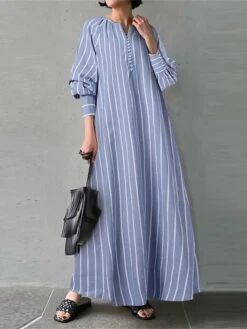 Women's Casual Dress Cotton Linen Dress Swing Dress Maxi Long Dress Cotton Blend Fashion Classic Outdoor Daily Vacation Split Neck Button Print Long Sleeve Summer Spring Fall 2023 Loose Fit White -HAYz Clothing Shop ycsmyu1689063387351