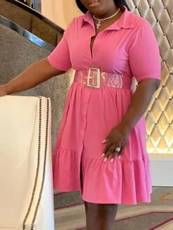 Women‘s Plus Size Curve Shirt Dress Solid Color Shirt Collar Ruffle Half Sleeve Spring Summer Casual Knee Length Dress Daily Holiday Dress -HAYz Clothing Shop ycwgeq1656491039817