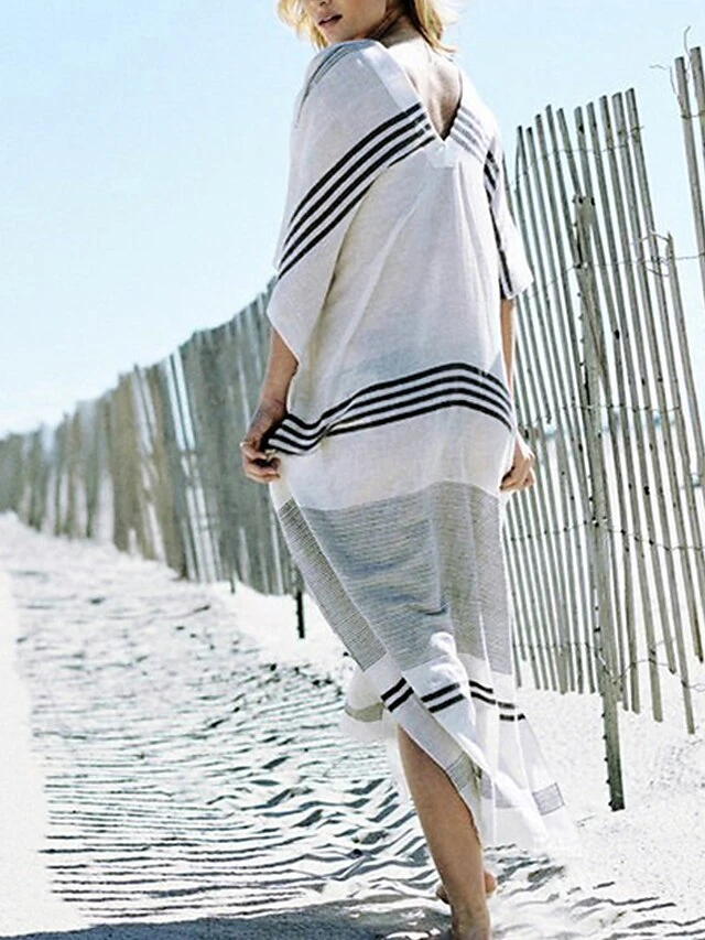 Women's Casual Dress Cotton Dress White Dress Midi Dress Cotton Basic Classic Outdoor Daily Vacation V Neck Print Short Sleeve Spring Fall Winter 2023 Loose Fit White Striped One-Size 4 Women's Casual Dress Cotton Dress White Dress Midi Dress Cotton Basic Classic Outdoor Daily Vacation V Neck Print Short Sleeve Spring Fall Winter 2023 Loose Fit White Striped One-Size - Image 4