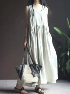 Women's Casual Dress Cotton Linen Dress Swing Dress Maxi Long Dress Cotton Blend Basic Casual Outdoor Vacation V Neck Pocket Sleeveless Summer Spring 2023 Regular Fit Navy Blue Apricot Pure Color M L -HAYz Clothing Shop yduvfd1677135422944