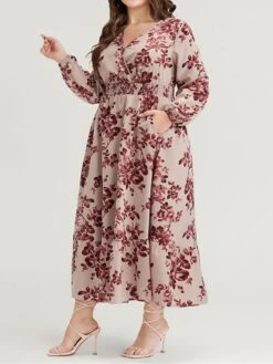 Women's Plus Size Curve Casual Dress Wine Red Velvet Dress Swing Dress Floral Long Dress Maxi Dress Long Sleeve Pocket Print V Neck -HAYz Clothing Shop ydwfat1697164711793