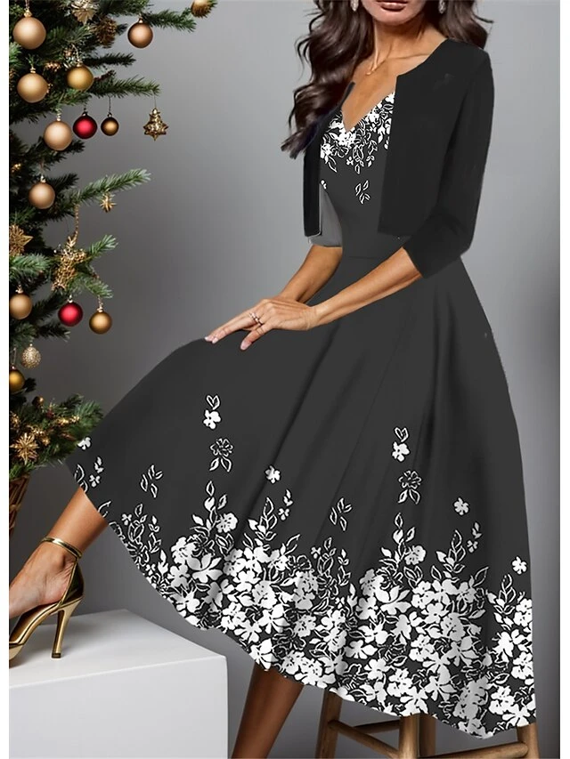 Women's Two Piece Dress Set Casual Dress Swing Dress Outdoor Daily Fashion Elegant Print Midi Dress V Neck Half Sleeve Floral Regular Fit Black Royal Blue Blue Fall Winter S M L XL XXL 3 Women's Two Piece Dress Set Casual Dress Swing Dress Outdoor Daily Fashion Elegant Print Midi Dress V Neck Half Sleeve Floral Regular Fit Black Royal Blue Blue Fall Winter S M L XL XXL - Image 3