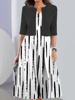 Women's Two Piece Dress Set Casual Dress Print Dress Outdoor Daily Fashion Elegant Print Midi Dress V Neck Half Sleeve Geometric Color Block Regular Fit Black White Navy Blue Summer Spring S M L XL
