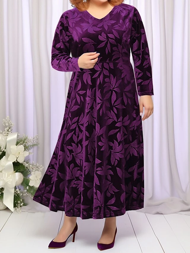 Women's Plus Size Party Dress Velvet Dress Cocktail Dress Midi Dress Black Wine Purple Long Sleeve Leaf Pocket Spring Fall Winter V Neck Fashion Winter Dress Wedding Guest Birthday Loose Fit 2023 XL 5 Women's Plus Size Party Dress Velvet Dress Cocktail Dress Midi Dress Black Wine Purple Long Sleeve Leaf Pocket Spring Fall Winter V Neck Fashion Winter Dress Wedding Guest Birthday Loose Fit 2023 XL - Image 5
