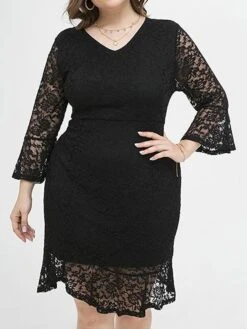 Women's Plus Size Party Dress Lace Dress Cocktail Dress Midi Dress Black 3/4 Length Sleeve Pure Color Lace Spring Fall Winter V Neck Fashion Winter Dress Birthday Wedding Guest 2023 XL XXL 3XL 4XL -HAYz Clothing Shop yexcsl1693535468956