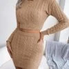 Women's Two Piece Dress Set Casual Dress Sweater Dress Daily Holiday Fashion Streetwear Ribbed Mini Dress Crew Neck Long Sleeve Plain Slim White Pink Khaki Fall Winter S M L