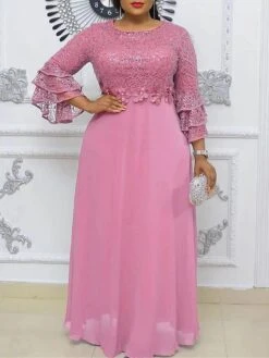 Women‘s Plus Size Curve Party Dress Lace Dress Sheath Dress Solid Color Long Dress Maxi Dress 3/4 Length Sleeve Lace Crew Neck Fashion Party Pink Blue Summer Spring L XL XXL 3XL -HAYz Clothing Shop yexicf1684820513322