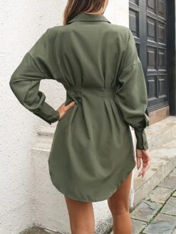 Women's Shirt Dress Casual Dress Mini Dress Outdoor Daily Date Polyester Classic Modern Shirt Collar Ruched Button Long Sleeve Fall Winter 2023 Loose Fit White Sky Blue Green Pure Color S M L XL -HAYz Clothing Shop yfgcdj1693994450978