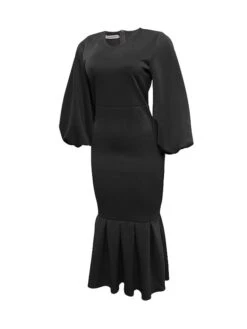 Women‘s Plus Size Curve Party Dress Solid Color V Neck Ruched Puff Sleeve Long Sleeve Winter Fall Casual Maxi Long Dress Party Vacation Dress Sheath Dress Black Dress -HAYz Clothing Shop yfmivl1649744187505