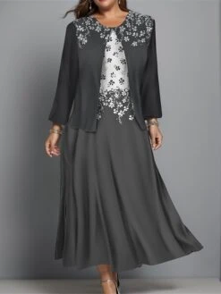 Women's Plus Size Two Piece Dress Set Casual Dress Swing Dress Outdoor Office Fashion Streetwear Print Midi Dress Crew Neck Long Sleeve Floral Regular Fit Navy Blue Purple Gray Fall Winter L XL XXL -HAYz Clothing Shop yfmqpe1697089016134