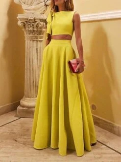 Women's Dress Set Two Piece Dress Swing Dress Long Dress Maxi Dress Yellow Short Sleeve Pure Color Ruffle Spring Summer Crew Neck Party Party 2023 S M L XL
