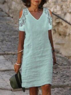 Women's Casual Dress Cotton Linen Dress Shift Dress Midi Dress Cotton Blend Basic Modern Outdoor Daily V Neck Lace Patchwork Short Sleeve Summer Spring 2023 Loose Fit Black White Pink Pure Color S M -HAYz Clothing Shop yghcex1682566678371