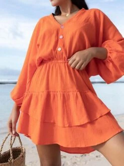 Women's Cotton Linen Dress A Line Dress Loose Dress Mini Dress Linen Cotton Blend Daily Modern Style Daily Holiday Date V Neck Ruffle Button Long Sleeve Spring Fall Autumn 2023 Loose Fit Orange Rose -HAYz Clothing Shop ygkvyr1697189577433