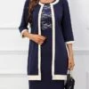 Women's Two Piece Dress Set Party Dress Lace Dress Party Office Fashion Elegant Lace Patchwork Midi Dress Crew Neck 3/4 Length Sleeve Plain Regular Fit Navy Blue Fall Winter S M L XL XXL