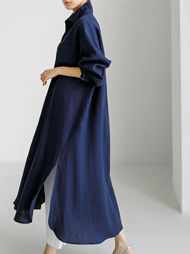 Women's Cotton Linen Dress Casual Dress Swing Dress Maxi Long Dress Cotton Blend Stylish Casual Winter Dress Daily Holiday Shirt Collar Button Pocket Long Sleeve Summer Spring Fall 2022 Loose Fit 2 Women's Cotton Linen Dress Casual Dress Swing Dress Maxi Long Dress Cotton Blend Stylish Casual Winter Dress Daily Holiday Shirt Collar Button Pocket Long Sleeve Summer Spring Fall 2022 Loose Fit - Image 2