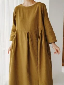 Women's Cotton Linen Dress Casual Dress Swing Dress Maxi Long Dress Cotton Blend Basic Classic Outdoor Daily Crew Neck Pocket Smocked Long Sleeve Summer Spring Fall 2023 Loose Fit Black Yellow Green -HAYz Clothing Shop yhoeky1673850084132