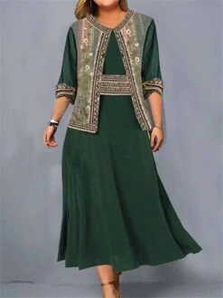 Women‘s Plus Size Curve Casual Dress Dress Set Two Piece Dress Floral Long Dress Maxi Dress 3/4 Length Sleeve Print Crew Neck Fashion Daily Green Summer Spring L XL XXL 3XL 4XL