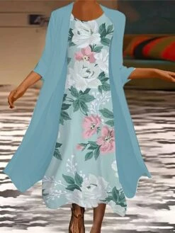 Women's Plus Size Two Piece Dress Set Casual Dress Chiffon Dress Outdoor Office Fashion Streetwear Print Midi Dress Crew Neck 3/4 Length Sleeve Floral Regular Fit Yellow Blue Sky Blue Spring Fall S M -HAYz Clothing Shop yhvbdb1694596596283