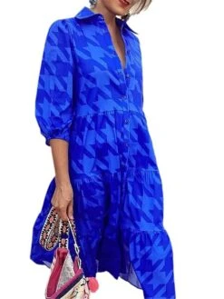 Women's Shirt Dress Casual Dress Midi Dress Outdoor Daily Polyester Fashion Elegant Shirt Collar Button Print Half Sleeve Summer Spring Fall 2023 Loose Fit Blue Houndstooth S M L XL XXL -HAYz Clothing Shop yhxazl1688542373442