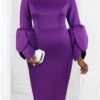Women's Plus Size Curve Party Dress Cocktail Dress Work Dress Plain Midi Dress Long Sleeve Crew Neck Fashion Party Purple Fall Winter XL XXL 3XL 4XL