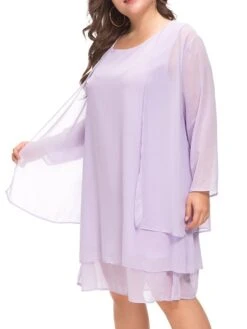 Women‘s Plus Size Curve Casual Dress Solid Color Crew Neck Mesh Long Sleeve Spring Fall Casual Knee Length Dress Daily Vacation Dress -HAYz Clothing Shop yiljpu1691043847076