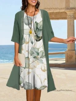 Women's Two Piece Dress Set Casual Dress Shift Dress Outdoor Daily Fashion Casual Print Midi Dress Crew Neck 3/4 Length Sleeve Floral Loose Fit Light Green Green Summer Spring S M L XL XXL
